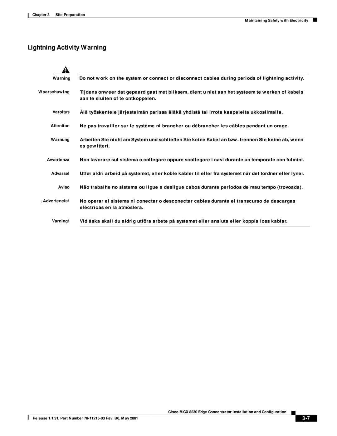 Cisco Systems MGX 8230 manual Lightning Activity Warning 