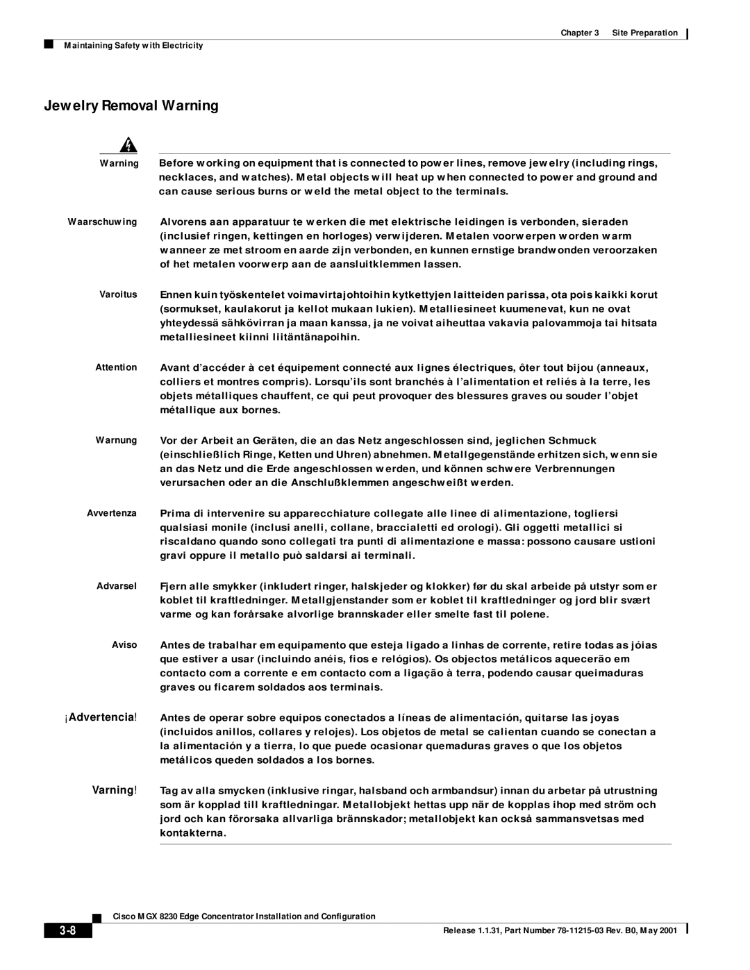 Cisco Systems MGX 8230 manual Jewelry Removal Warning 