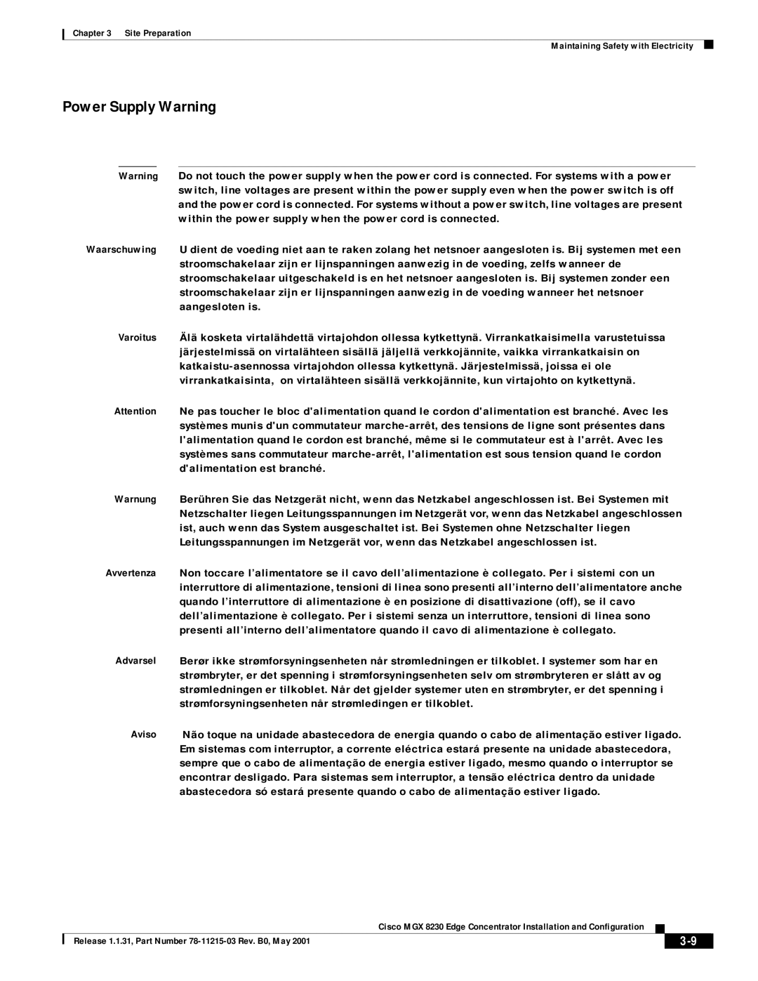 Cisco Systems MGX 8230 manual Power Supply Warning 