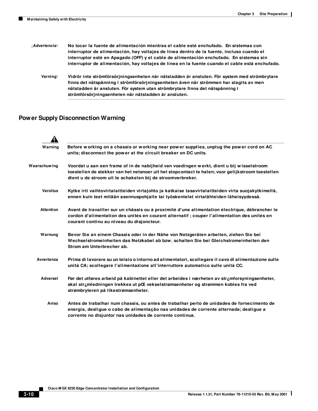 Cisco Systems MGX 8230 manual Power Supply Disconnection Warning 