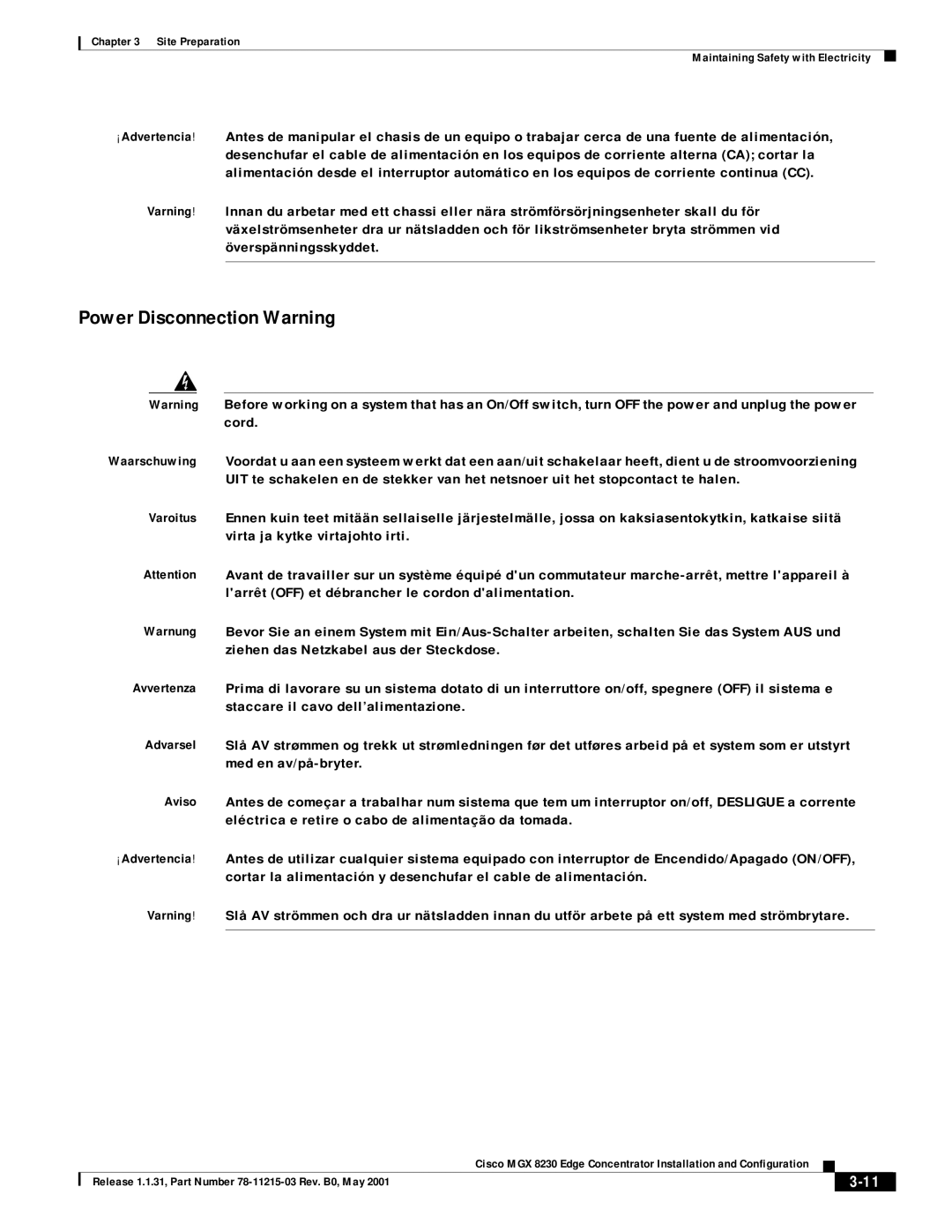 Cisco Systems MGX 8230 manual Power Disconnection Warning 