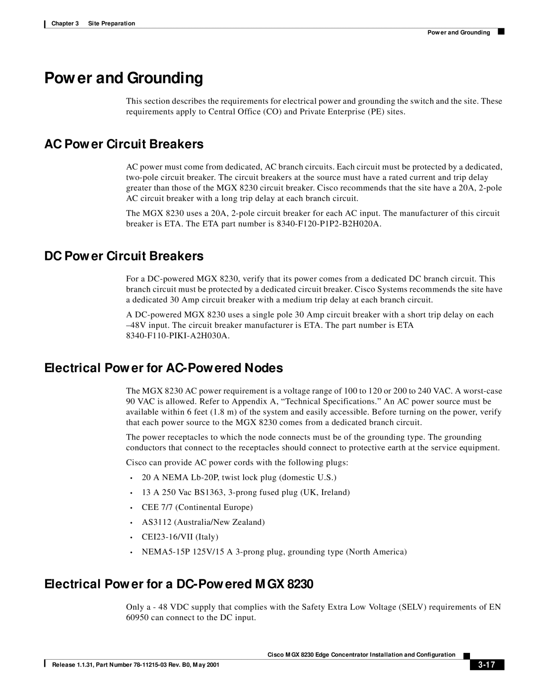 Cisco Systems MGX 8230 manual Power and Grounding, AC Power Circuit Breakers, DC Power Circuit Breakers 