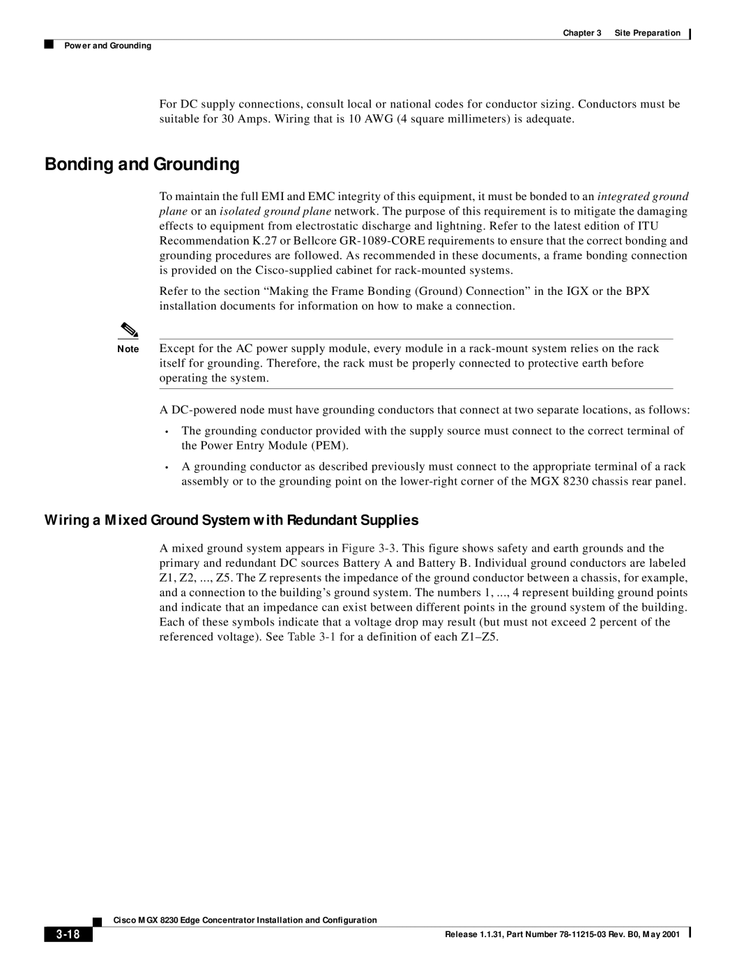 Cisco Systems MGX 8230 manual Bonding and Grounding, Wiring a Mixed Ground System with Redundant Supplies 