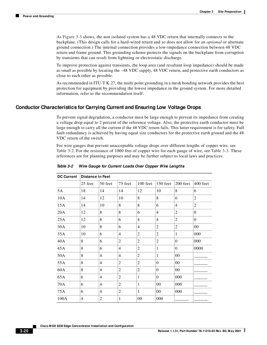 Cisco Systems MGX 8230 manual DC Current Distance in Feet 