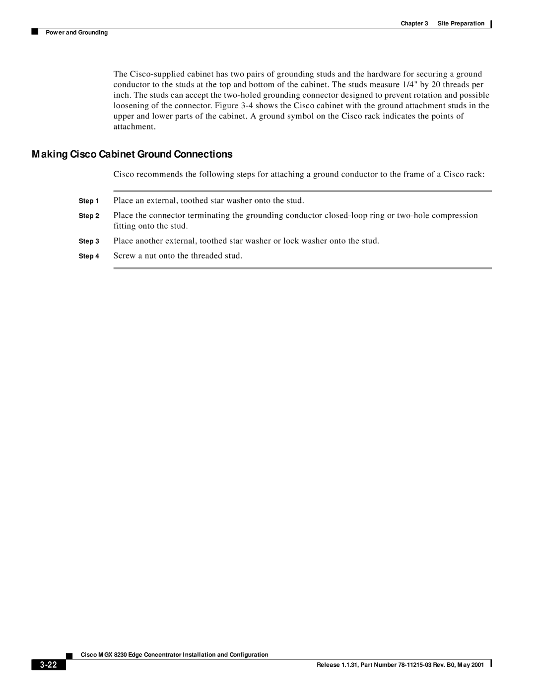 Cisco Systems MGX 8230 manual Making Cisco Cabinet Ground Connections 