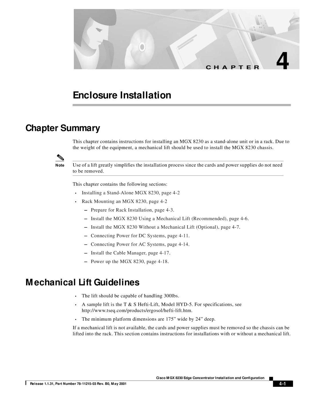 Cisco Systems MGX 8230 manual Chapter Summary, Mechanical Lift Guidelines 