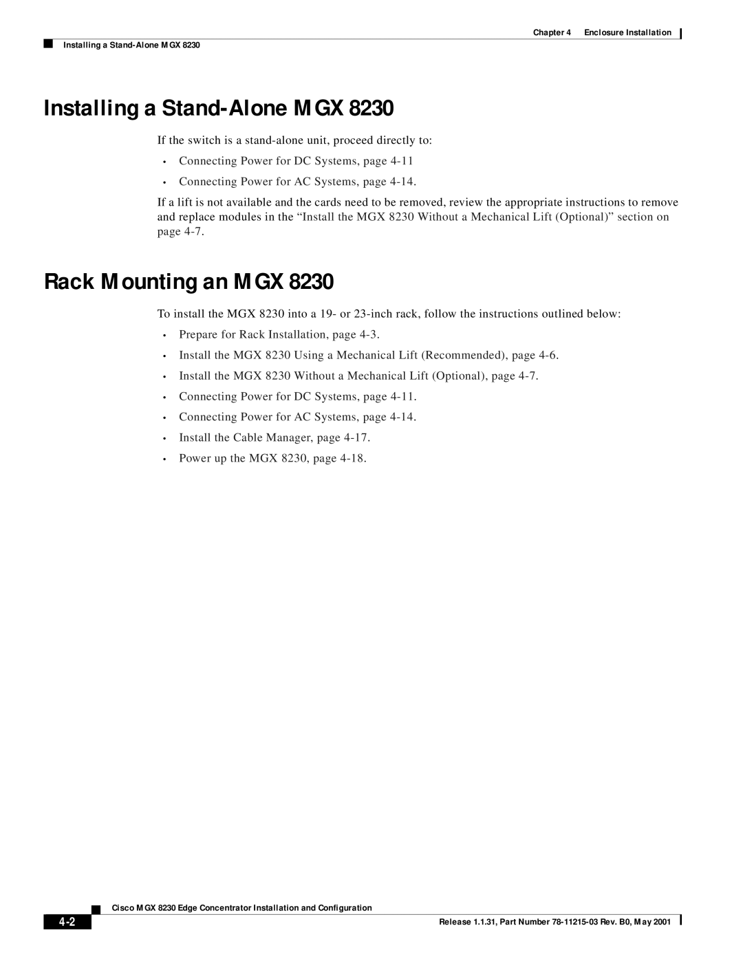 Cisco Systems MGX 8230 manual Installing a Stand-Alone MGX, Rack Mounting an MGX 