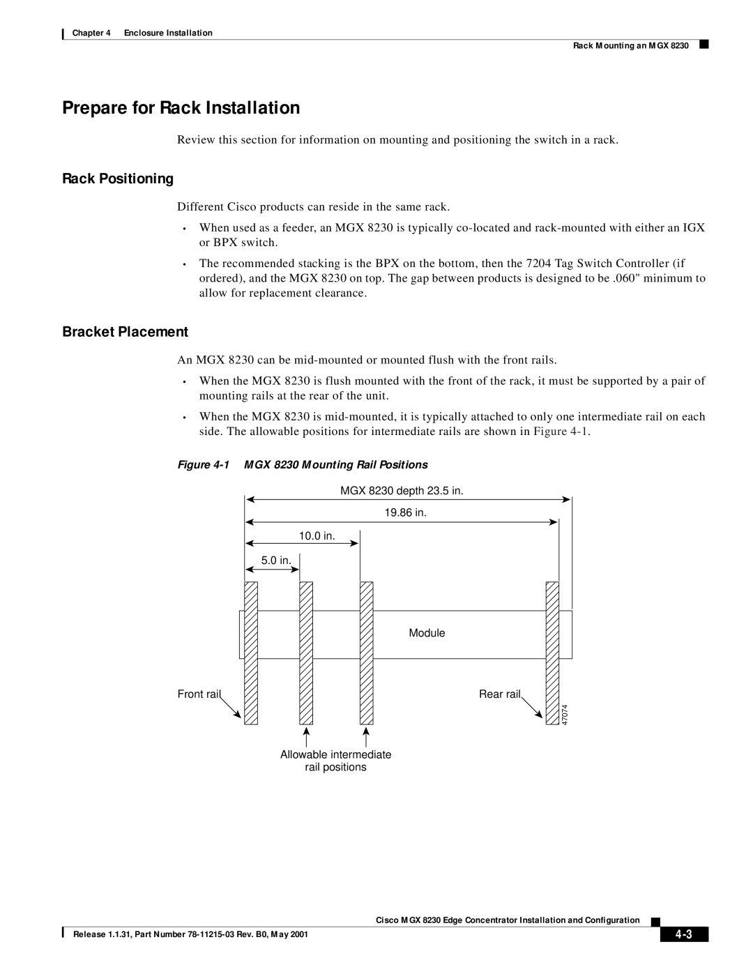 Cisco Systems MGX 8230 manual Prepare for Rack Installation, Rack Positioning, Bracket Placement 