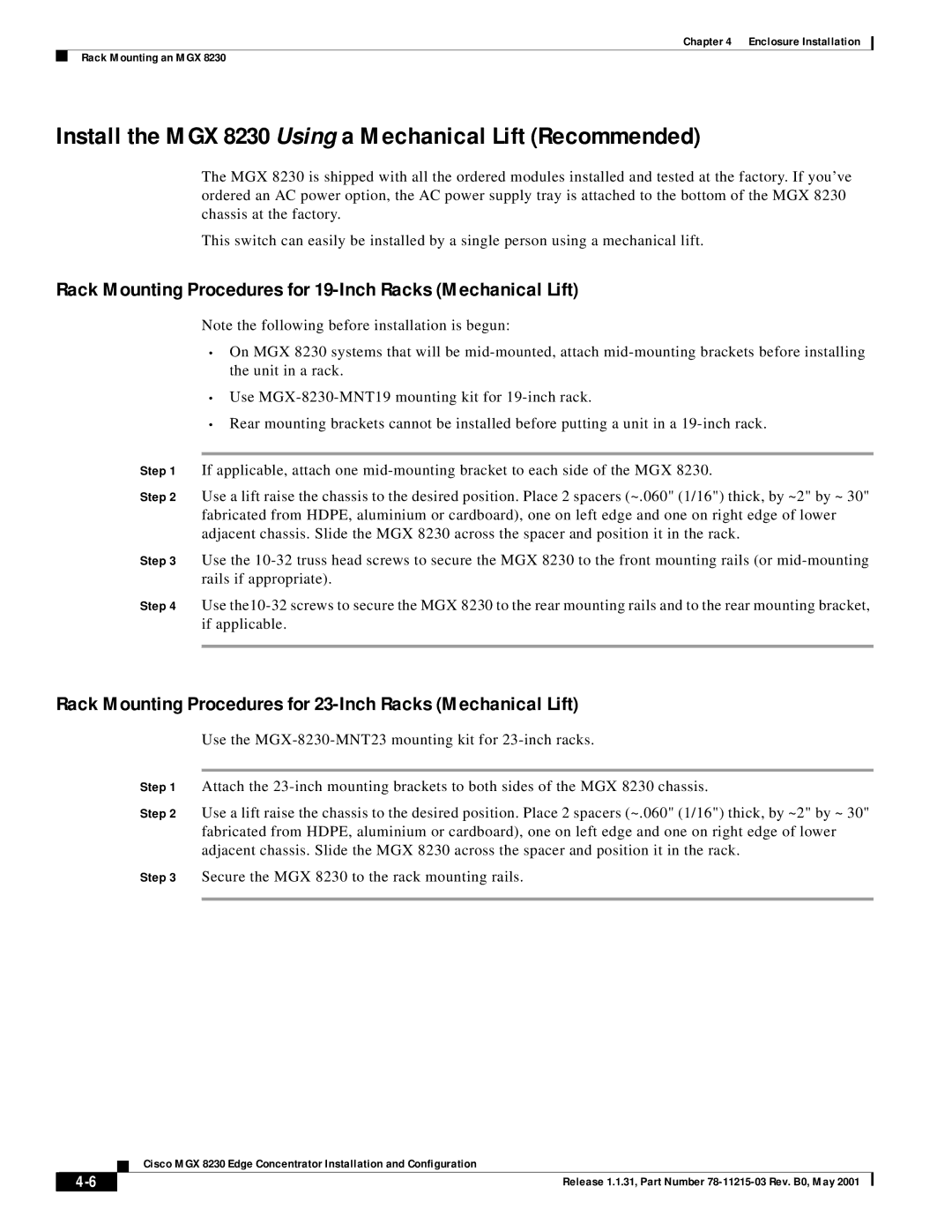 Cisco Systems manual Install the MGX 8230 Using a Mechanical Lift Recommended 