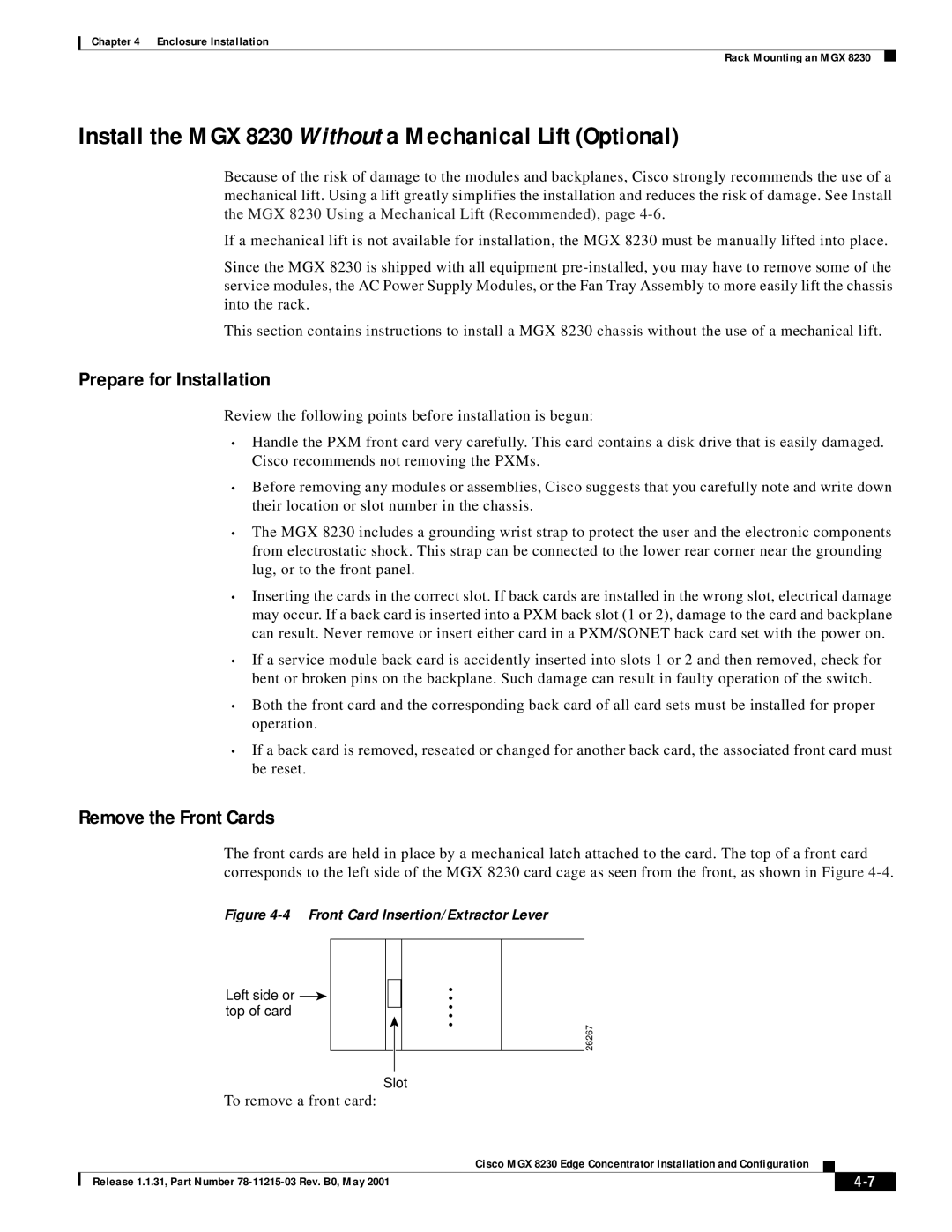 Cisco Systems Install the MGX 8230 Without a Mechanical Lift Optional, Prepare for Installation, Remove the Front Cards 