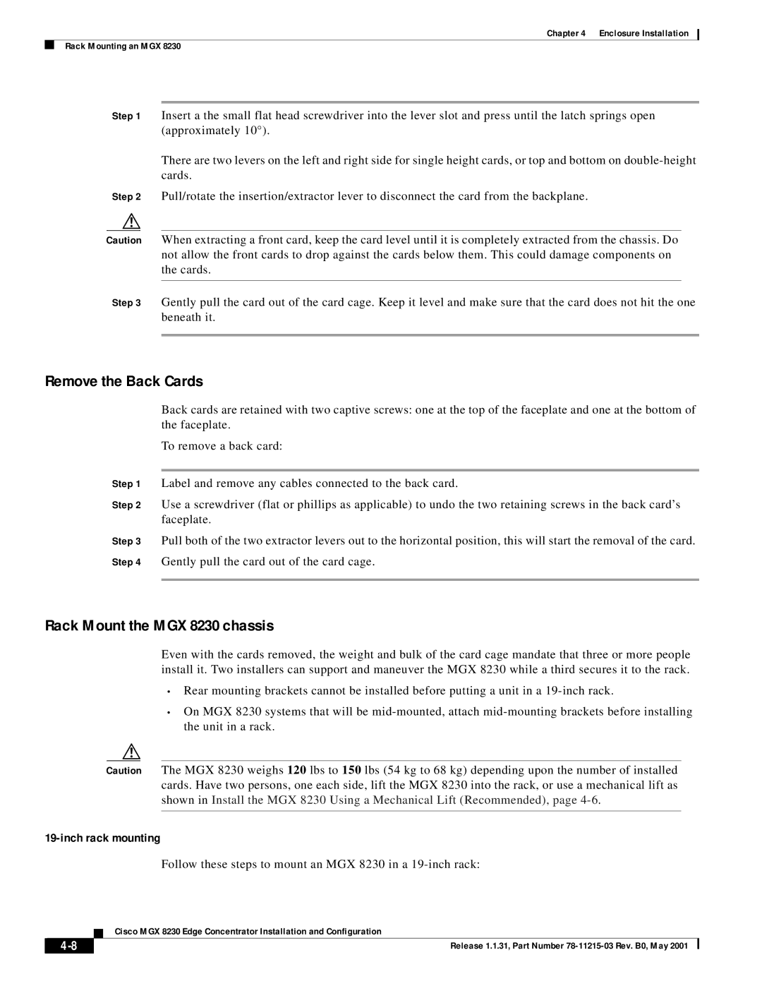 Cisco Systems manual Remove the Back Cards, Rack Mount the MGX 8230 chassis, Inch rack mounting 