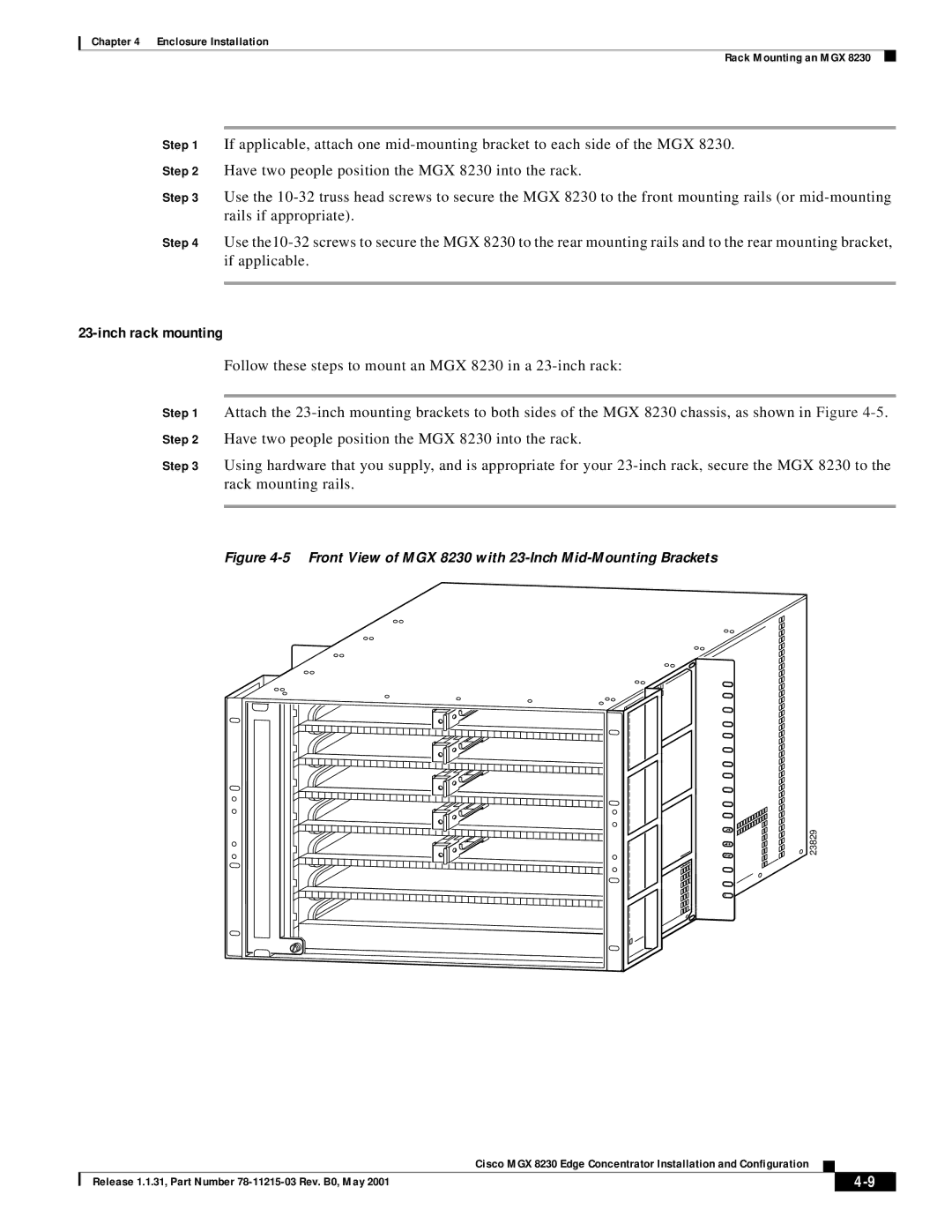 Cisco Systems manual Front View of MGX 8230 with 23-Inch Mid-Mounting Brackets 