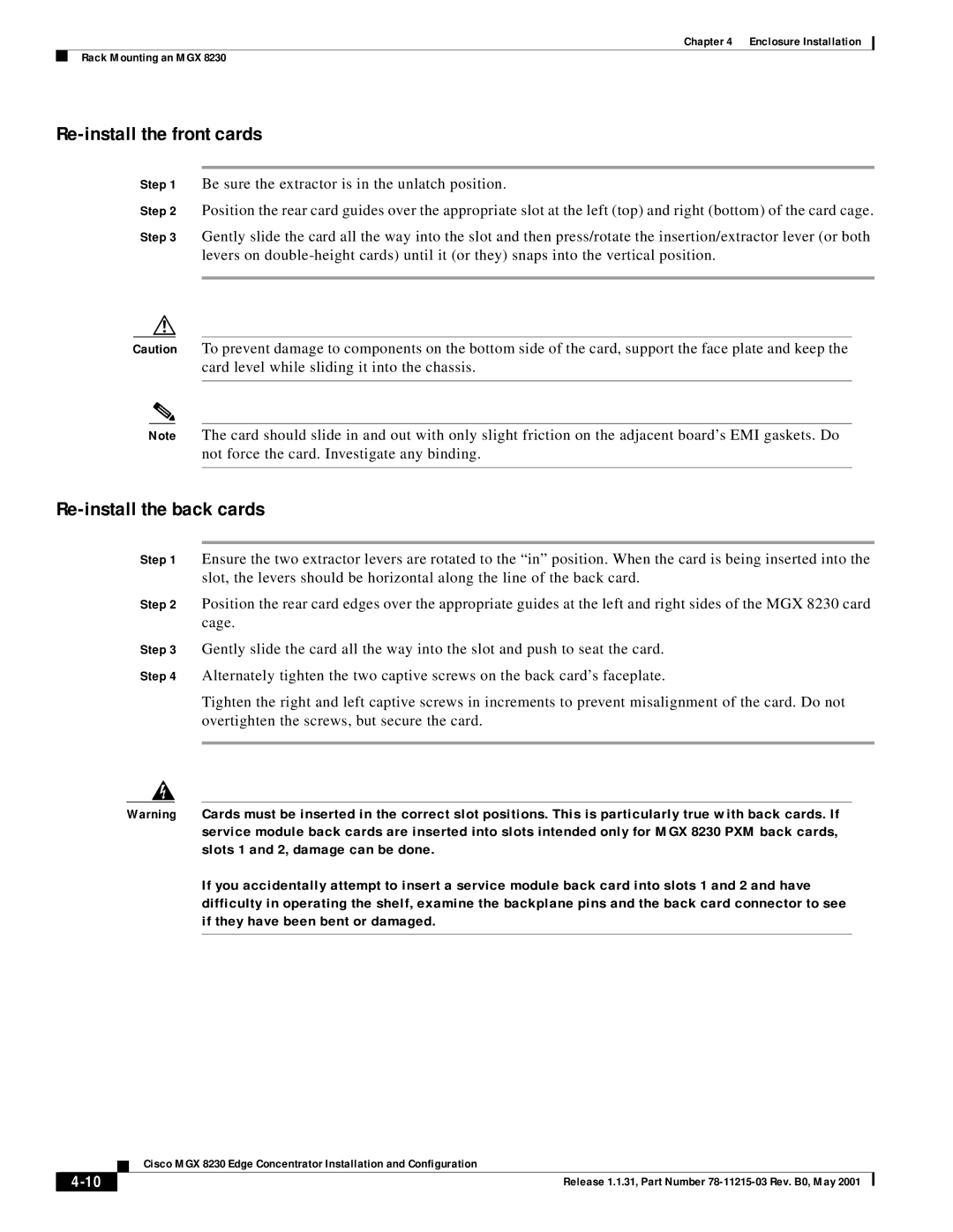 Cisco Systems MGX 8230 manual Re-install the front cards, Re-install the back cards 