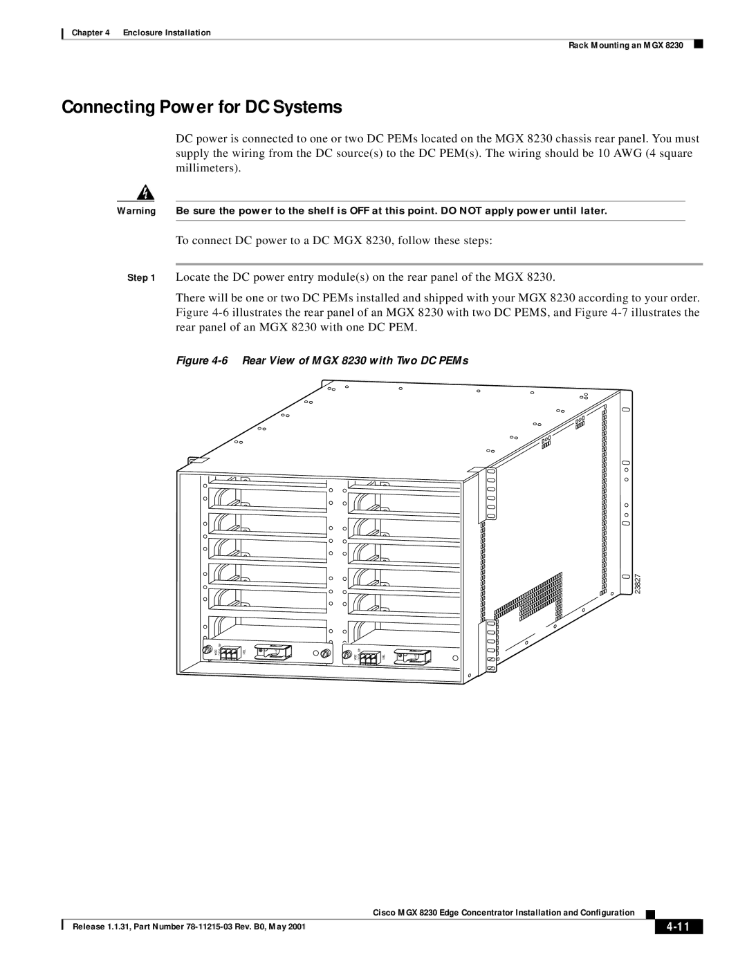 Cisco Systems manual Connecting Power for DC Systems, Rear View of MGX 8230 with Two DC PEMs 