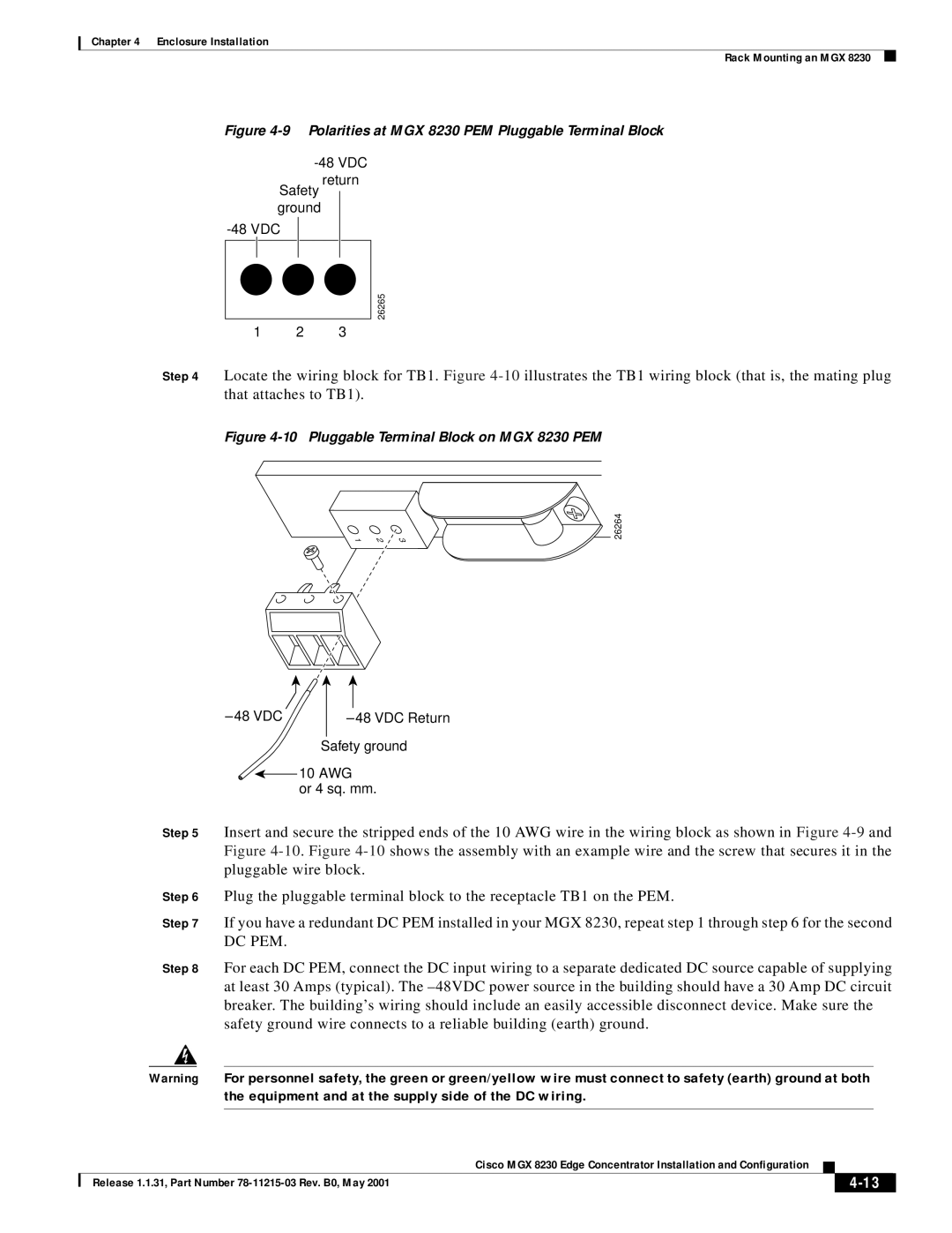 Cisco Systems manual Dc Pem, Polarities at MGX 8230 PEM Pluggable Terminal Block 