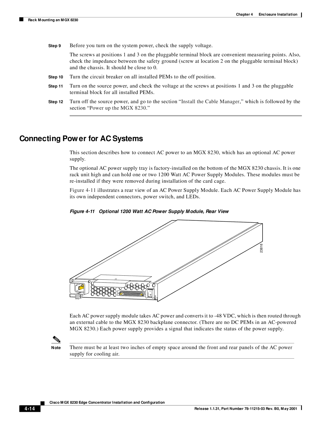 Cisco Systems MGX 8230 manual Connecting Power for AC Systems, Optional 1200 Watt AC Power Supply Module, Rear View 