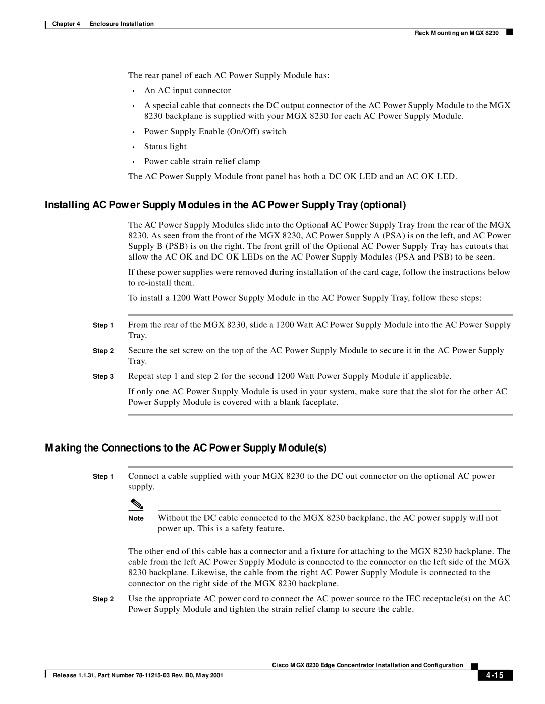 Cisco Systems MGX 8230 manual Making the Connections to the AC Power Supply Modules 