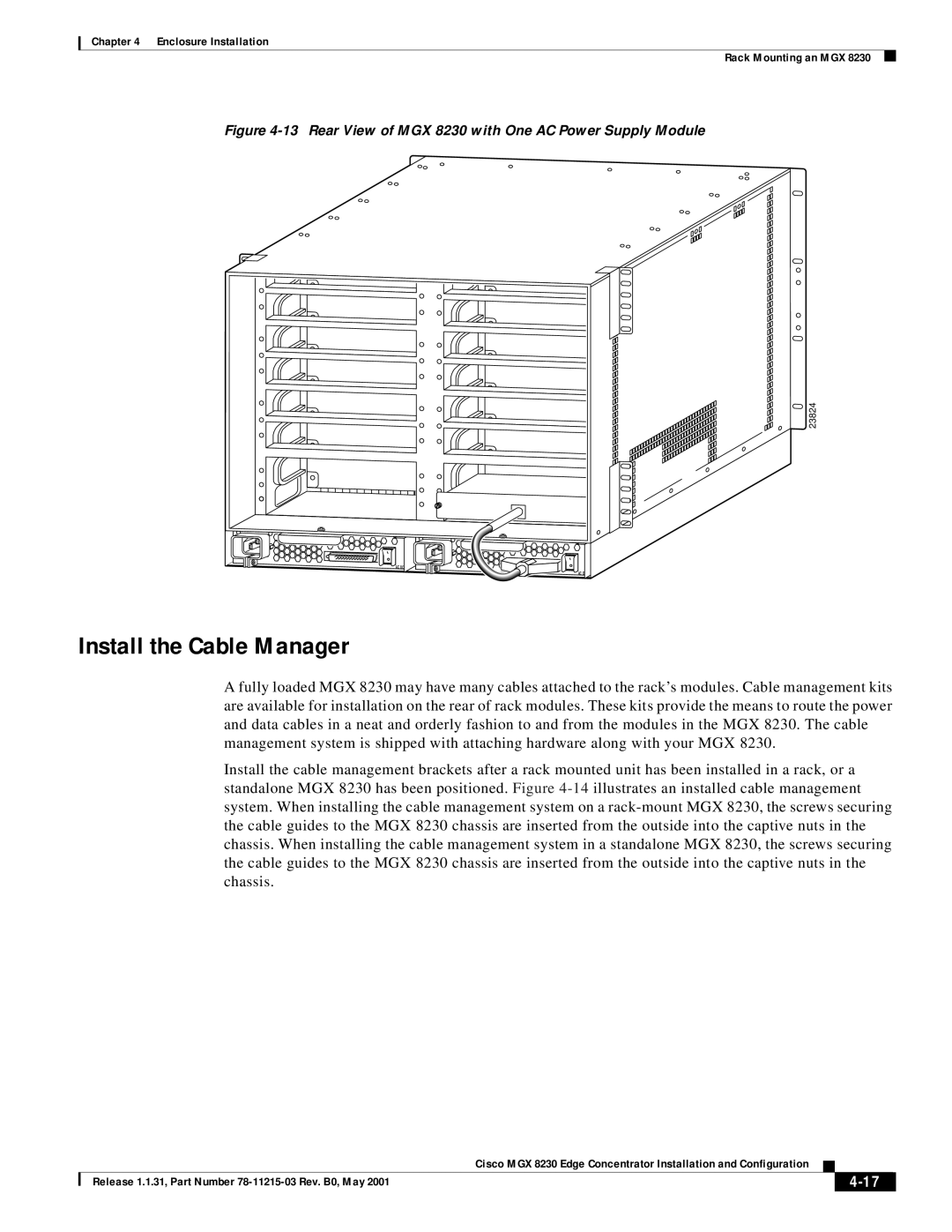 Cisco Systems manual Install the Cable Manager, Rear View of MGX 8230 with One AC Power Supply Module 