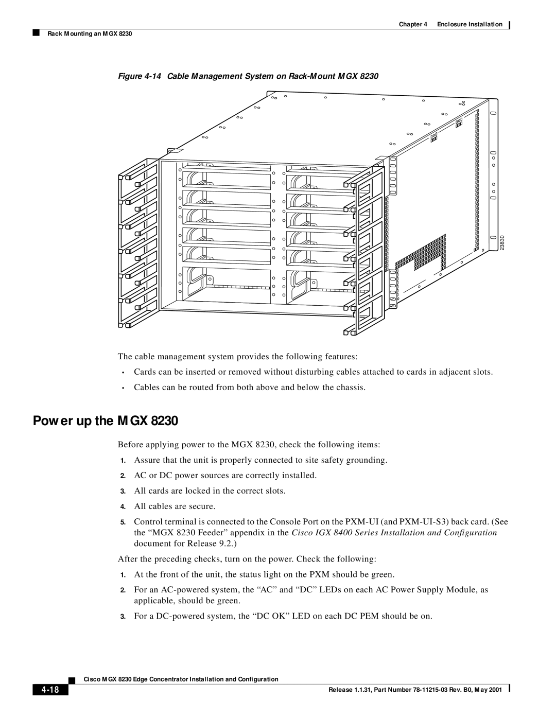 Cisco Systems MGX 8230 manual Power up the MGX, Cable Management System on Rack-Mount MGX 