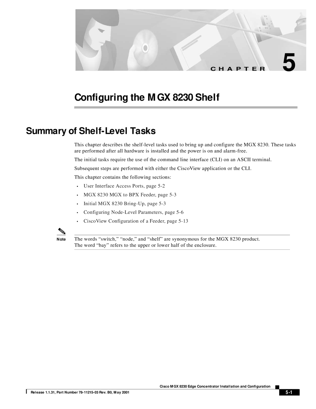 Cisco Systems MGX 8230 manual Summary of Shelf-Level Tasks, Word bay refers to the upper or lower half of the enclosure 