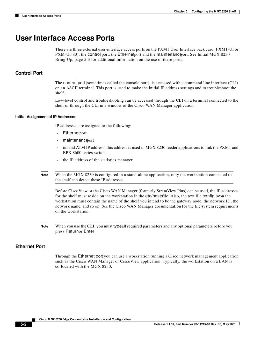 Cisco Systems MGX 8230 manual User Interface Access Ports, Control Port, Ethernet Port, Initial Assignment of IP Addresses 