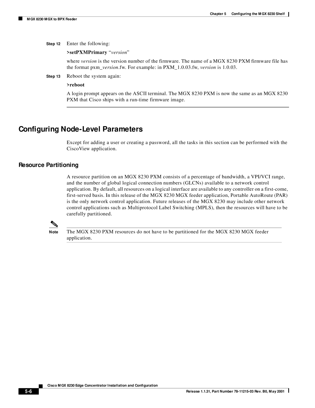 Cisco Systems MGX 8230 manual Configuring Node-Level Parameters, Resource Partitioning, Enter the following 