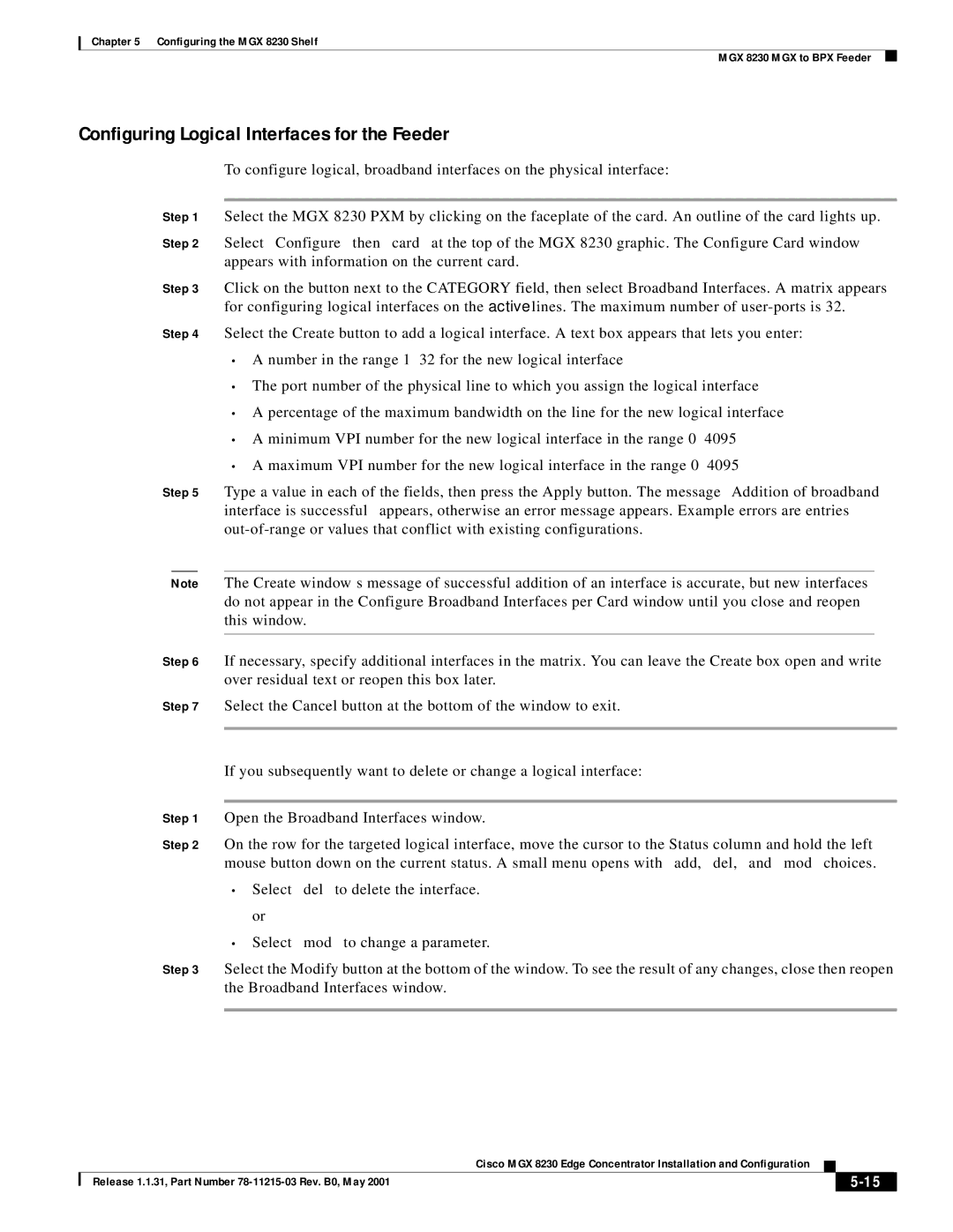 Cisco Systems MGX 8230 manual Configuring Logical Interfaces for the Feeder 