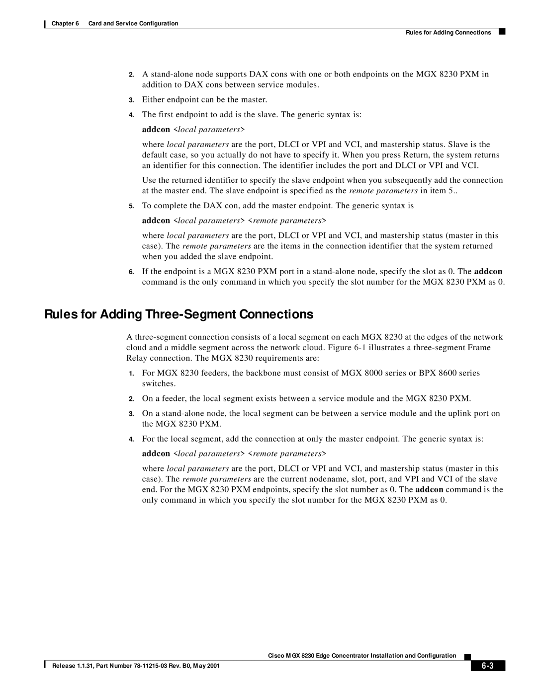 Cisco Systems MGX 8230 manual Rules for Adding Three-Segment Connections 