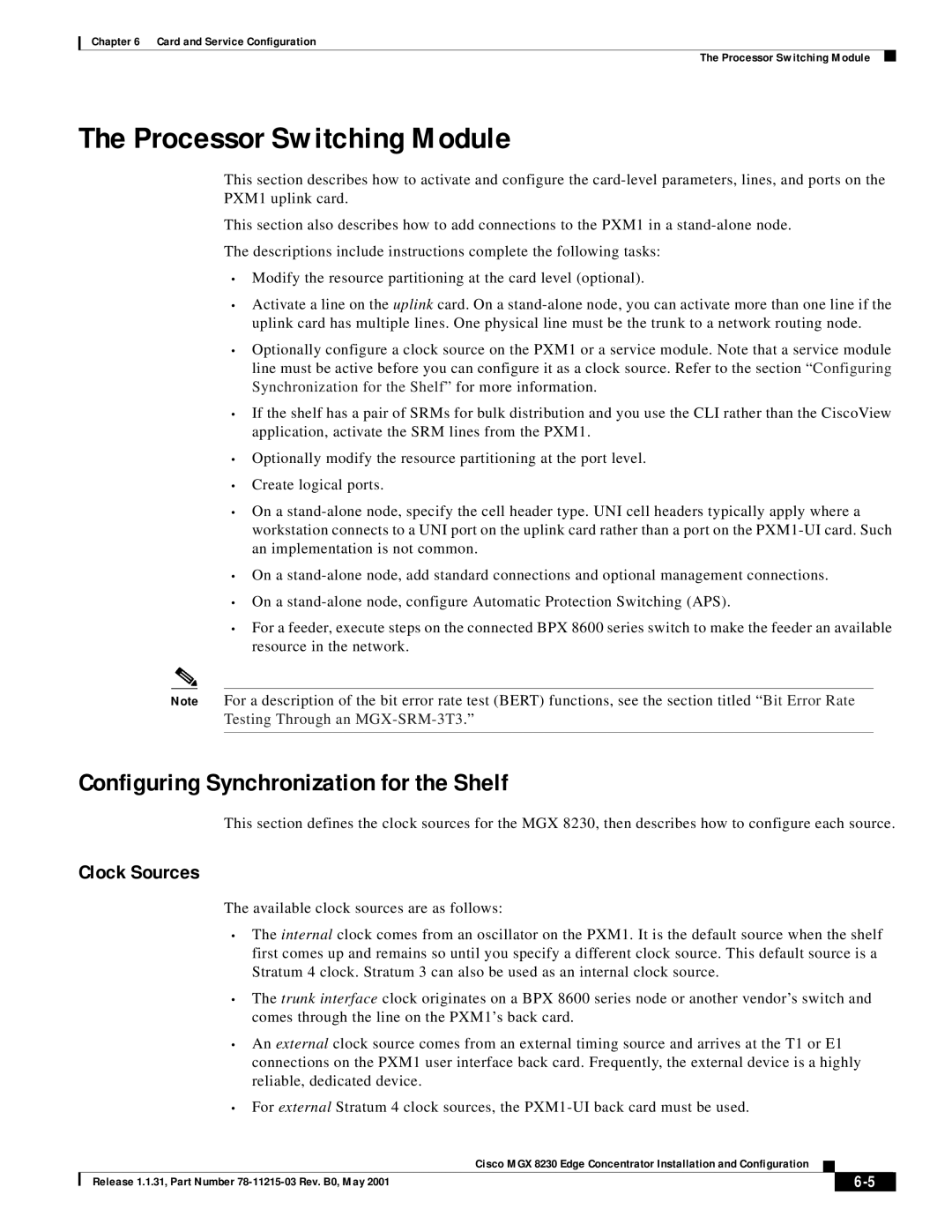 Cisco Systems MGX 8230 manual Configuring Synchronization for the Shelf, Clock Sources 