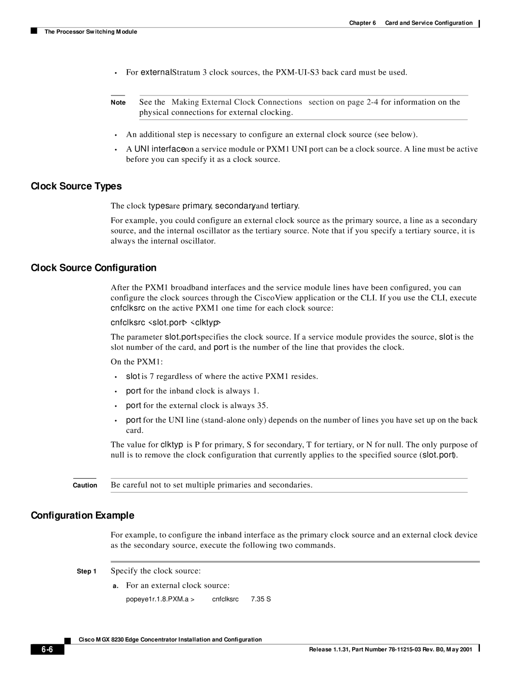 Cisco Systems MGX 8230 Clock Source Types, Clock Source Configuration, Configuration Example, Cnfclksrc slot.port clktyp 