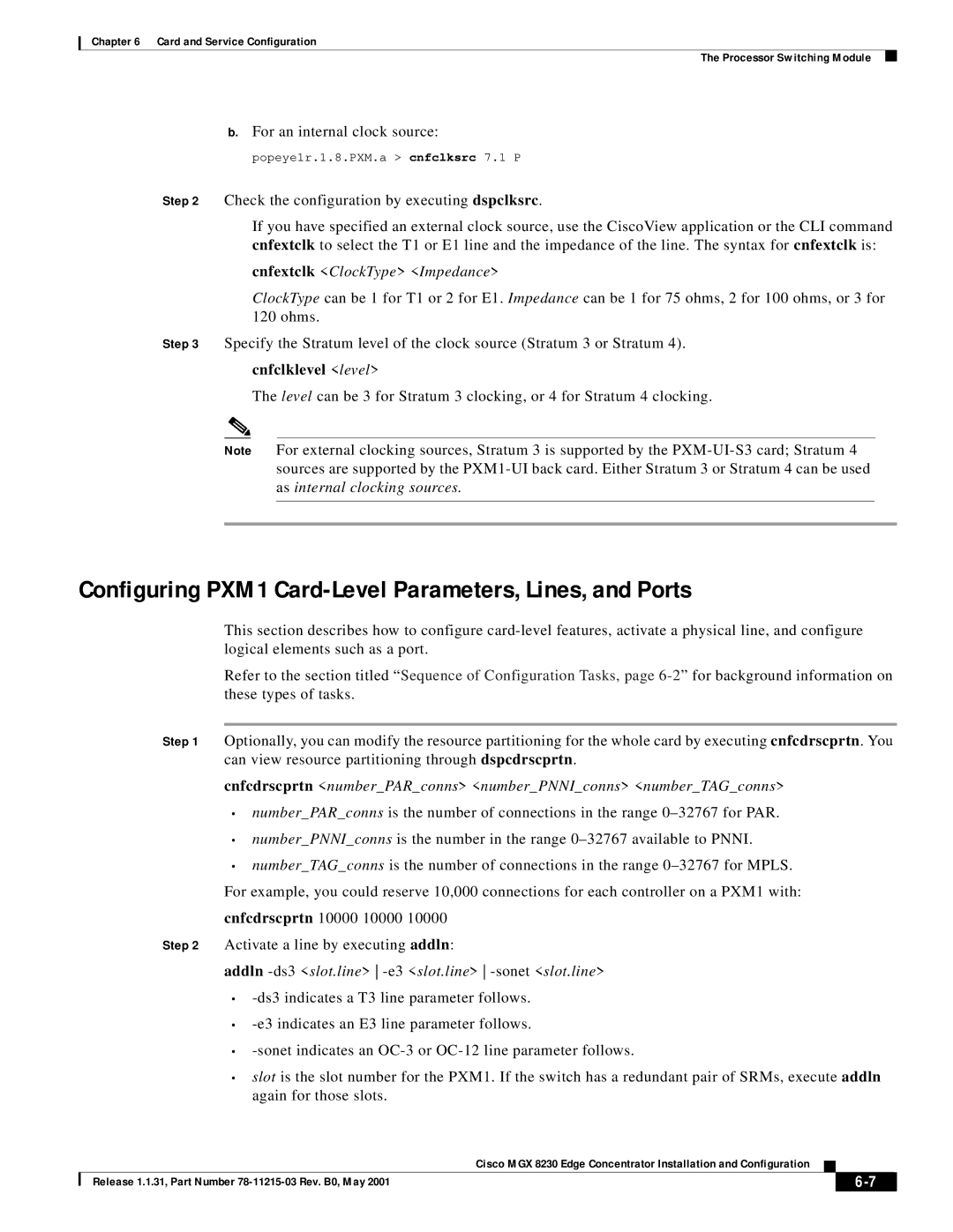 Cisco Systems MGX 8230 manual Configuring PXM1 Card-Level Parameters, Lines, and Ports, For an internal clock source 