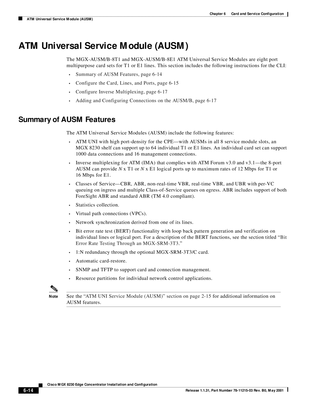 Cisco Systems MGX 8230 manual ATM Universal Service Module Ausm, Summary of Ausm Features 