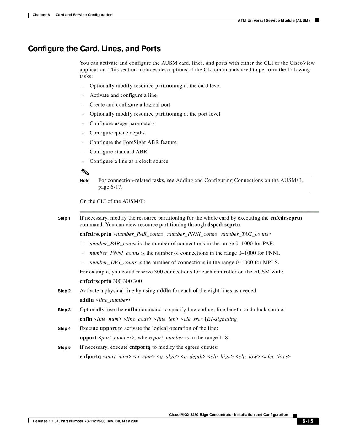 Cisco Systems MGX 8230 Configure the Card, Lines, and Ports, Cnfportq portnum qnum qalgo qdepth clphigh clplow efcithres 