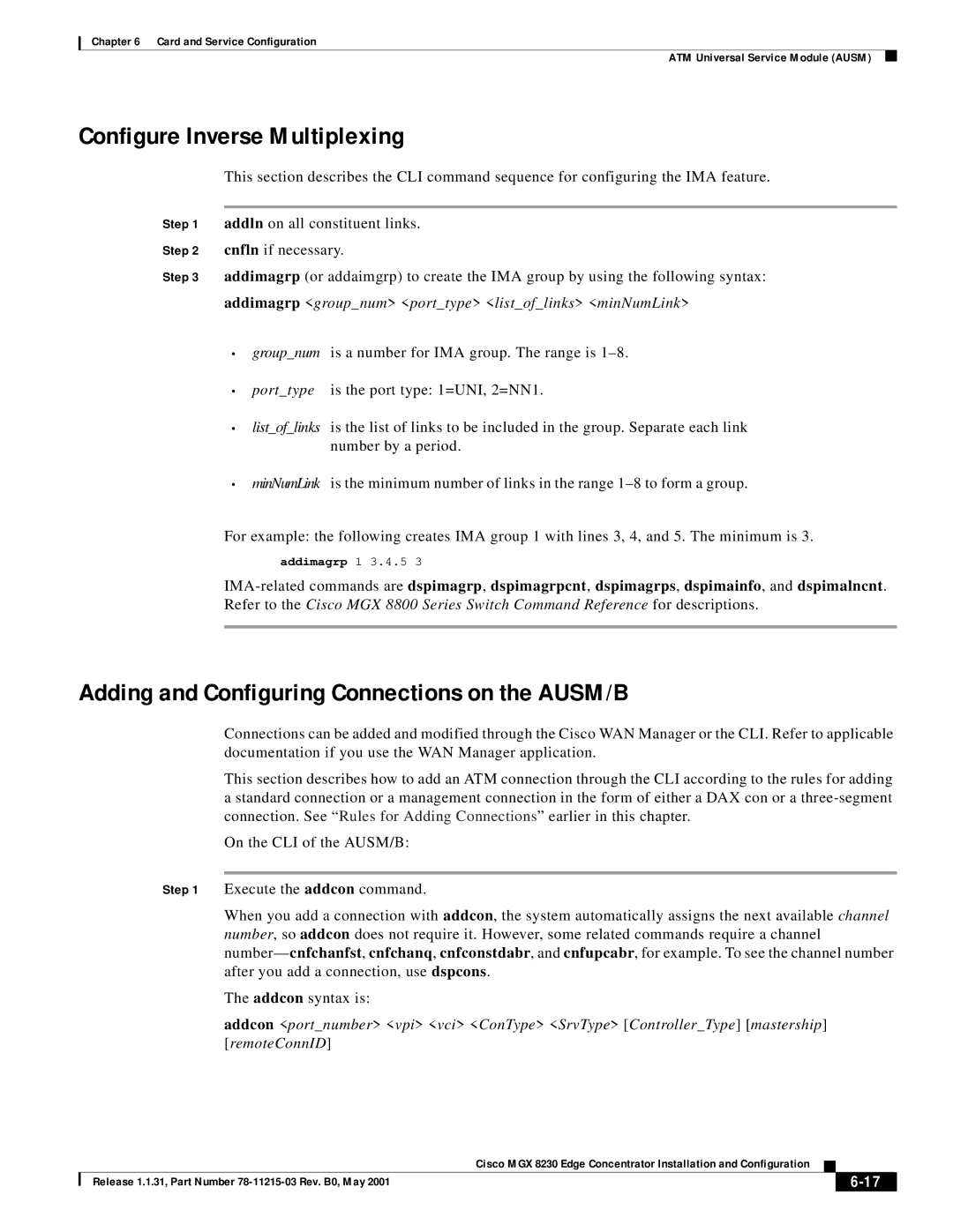 Cisco Systems MGX 8230 manual Configure Inverse Multiplexing, Adding and Configuring Connections on the AUSM/B 