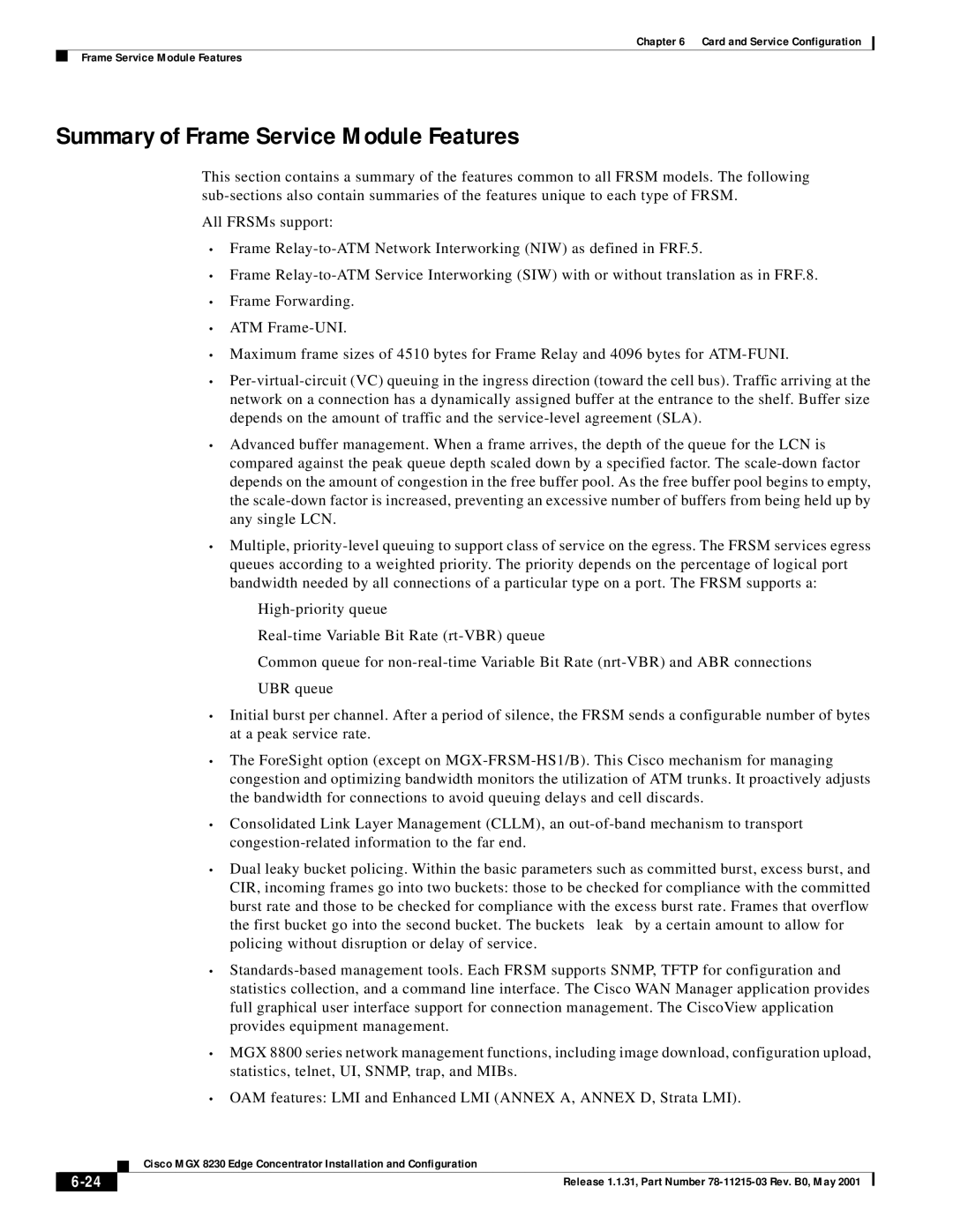 Cisco Systems MGX 8230 manual Summary of Frame Service Module Features 