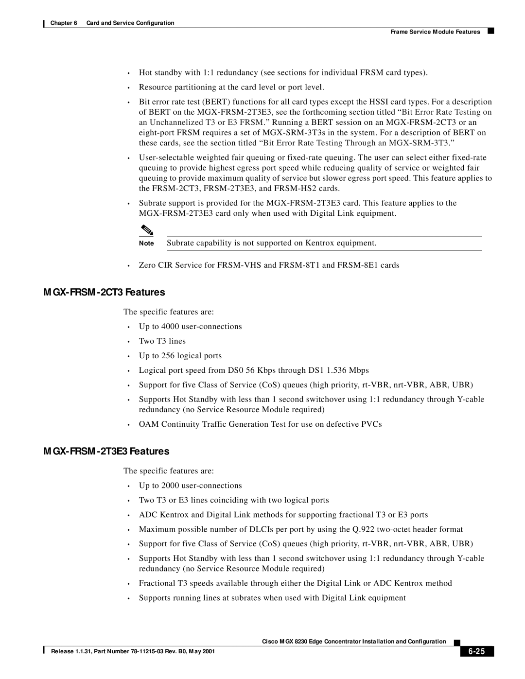 Cisco Systems MGX 8230 manual MGX-FRSM-2CT3 Features, MGX-FRSM-2T3E3 Features 