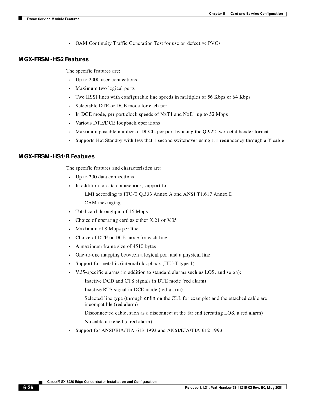 Cisco Systems MGX 8230 manual MGX-FRSM-HS2 Features, MGX-FRSM-HS1/B Features 