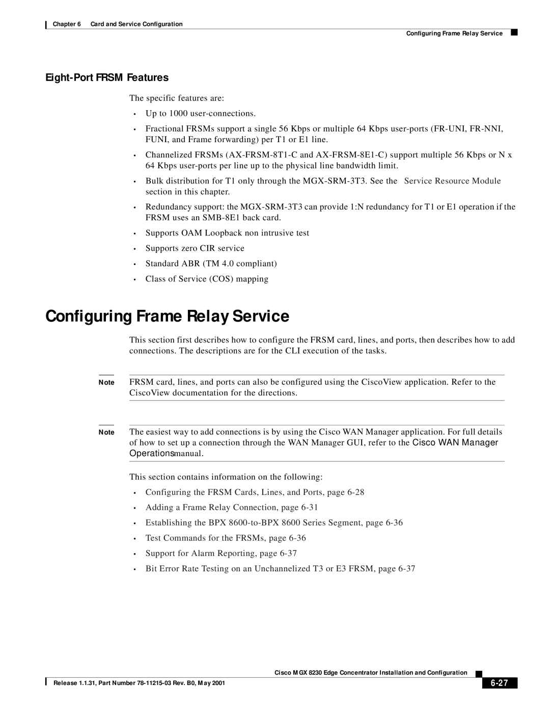 Cisco Systems MGX 8230 manual Configuring Frame Relay Service, Eight-Port Frsm Features 