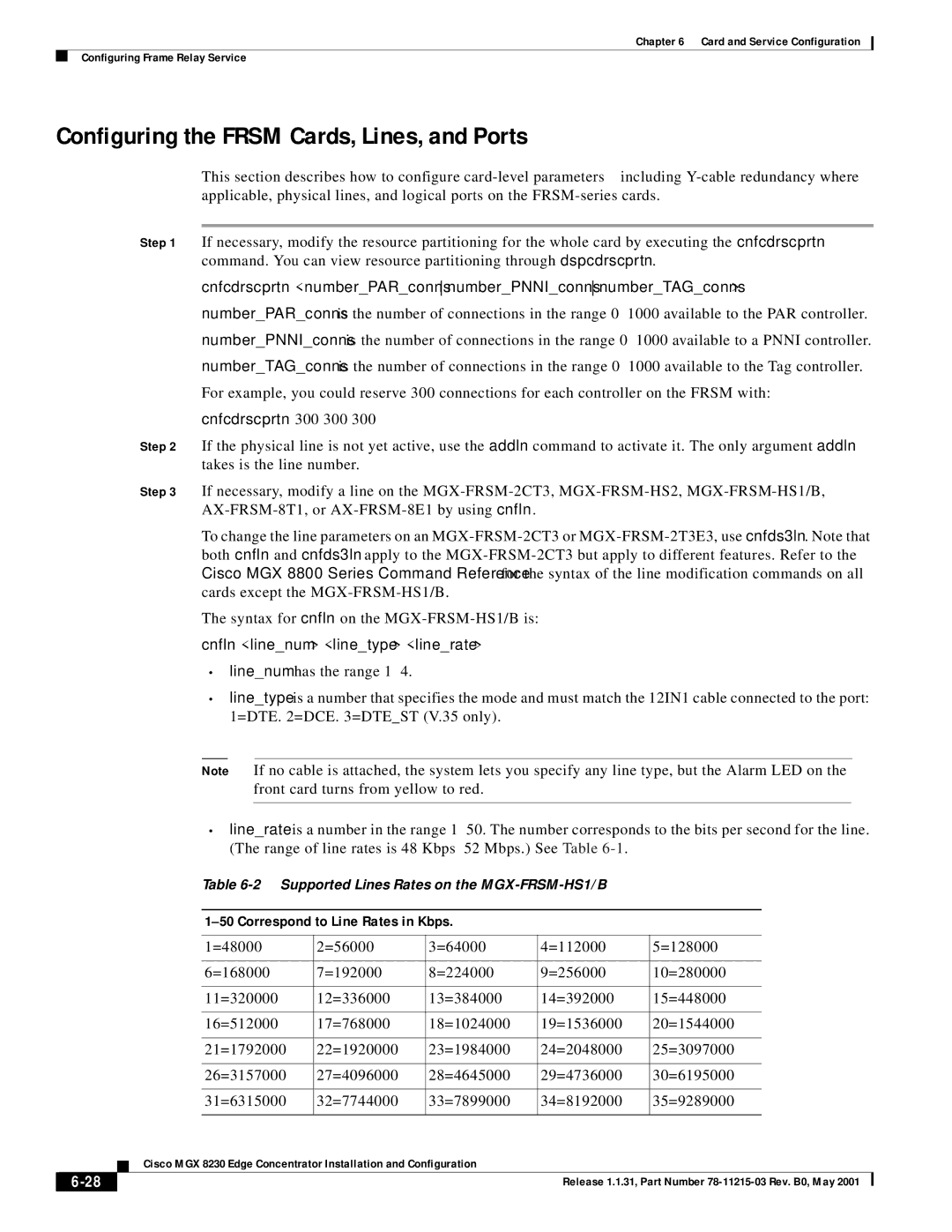 Cisco Systems MGX 8230 manual Configuring the Frsm Cards, Lines, and Ports, Cnfln linenum linetype linerate 