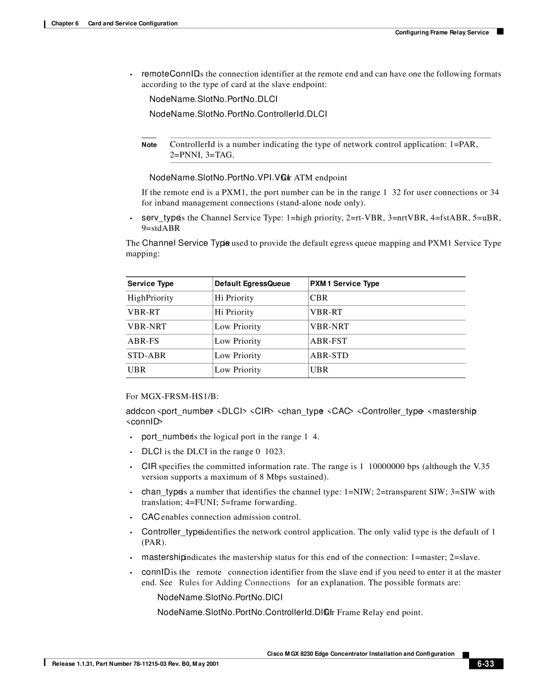 Cisco Systems MGX 8230 manual Service Type Default EgressQueue PXM1 Service Type 