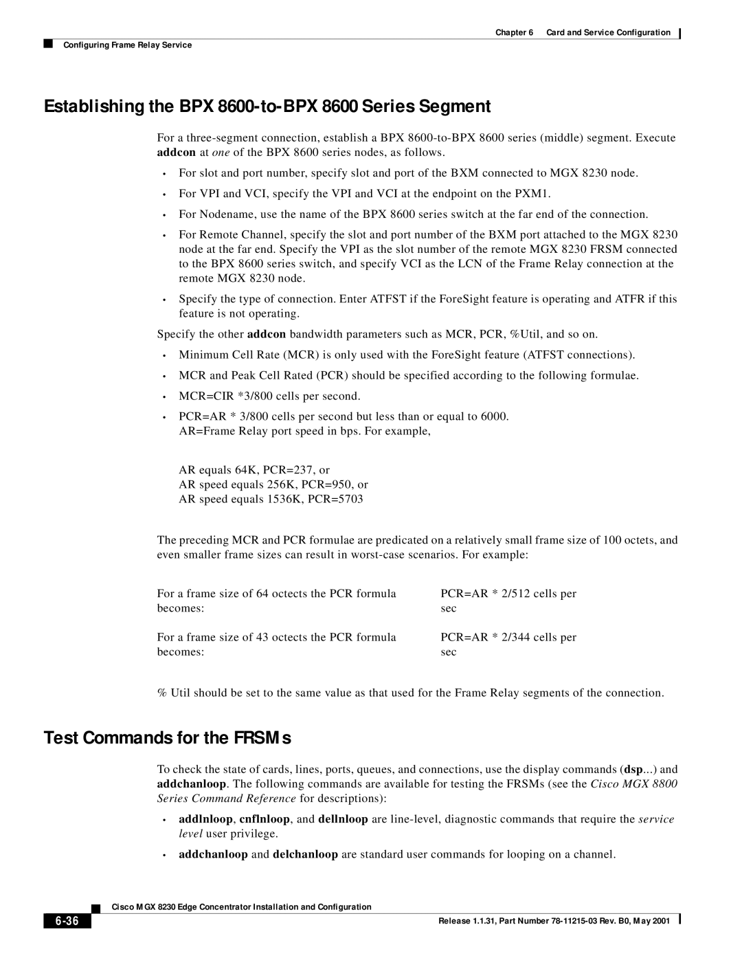 Cisco Systems MGX 8230 manual Establishing the BPX 8600-to-BPX 8600 Series Segment, Test Commands for the FRSMs 