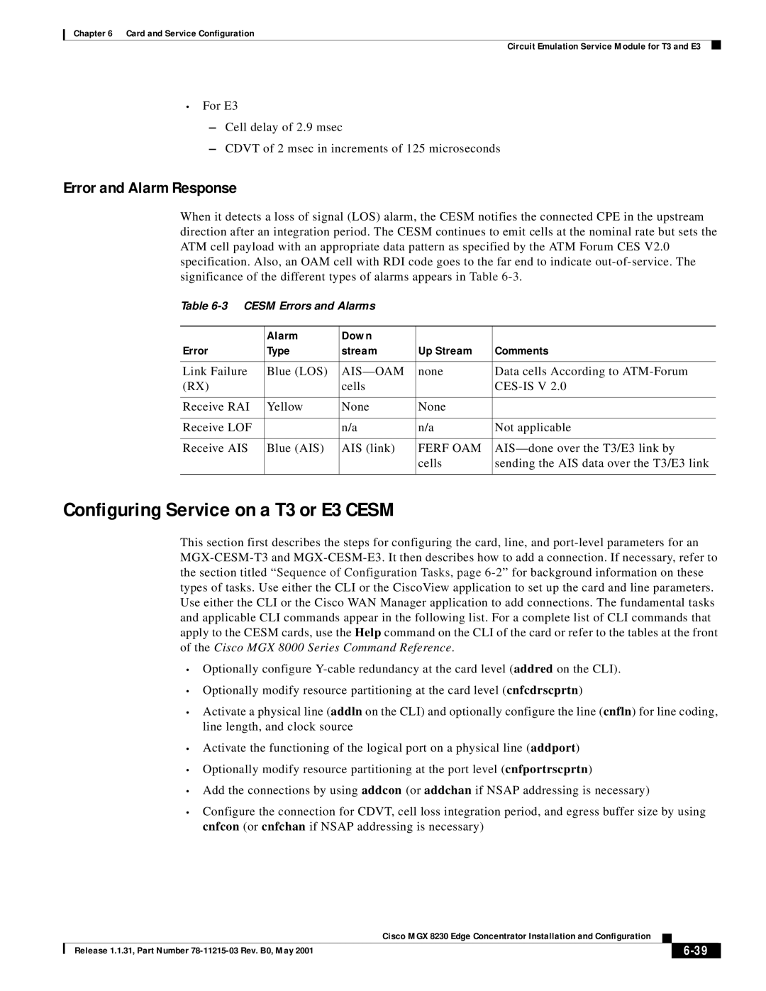 Cisco Systems MGX 8230 manual Configuring Service on a T3 or E3 Cesm, Error and Alarm Response, Ais-Oam, Ferf OAM 