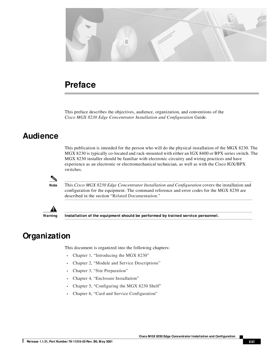 Cisco Systems MGX 8230 manual Audience, Organization, This document is organized into the following chapters 