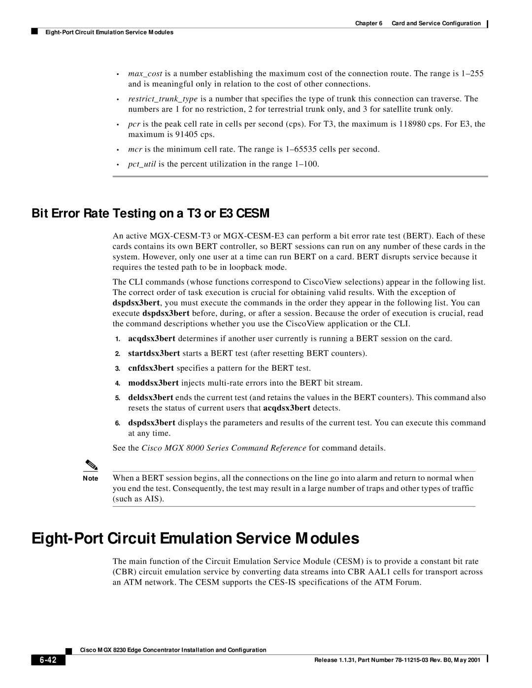 Cisco Systems MGX 8230 manual Eight-Port Circuit Emulation Service Modules, Bit Error Rate Testing on a T3 or E3 Cesm 