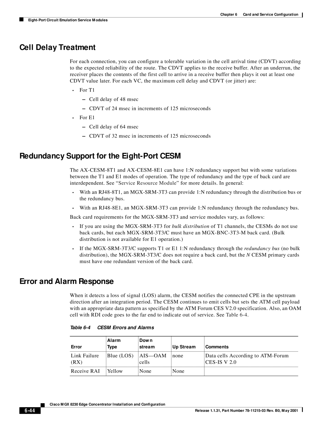 Cisco Systems MGX 8230 manual Cell Delay Treatment, Redundancy Support for the Eight-Port Cesm, Error and Alarm Response 