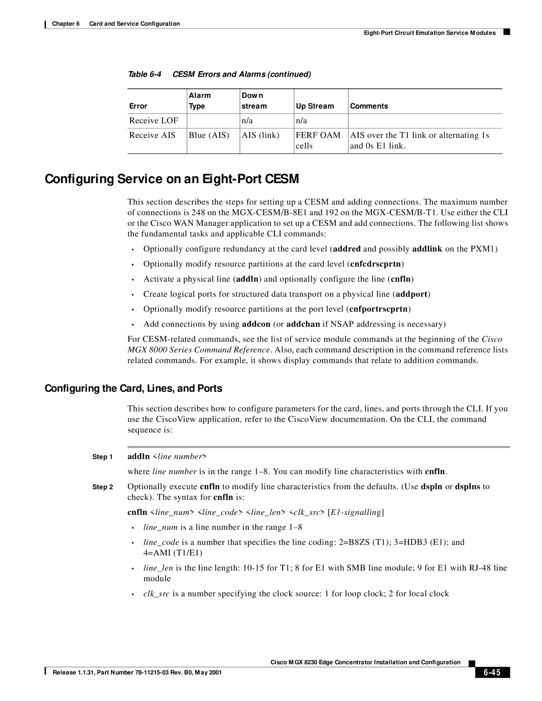 Cisco Systems MGX 8230 manual Configuring Service on an Eight-Port Cesm, Receive LOF Receive AIS Blue AIS AIS link 