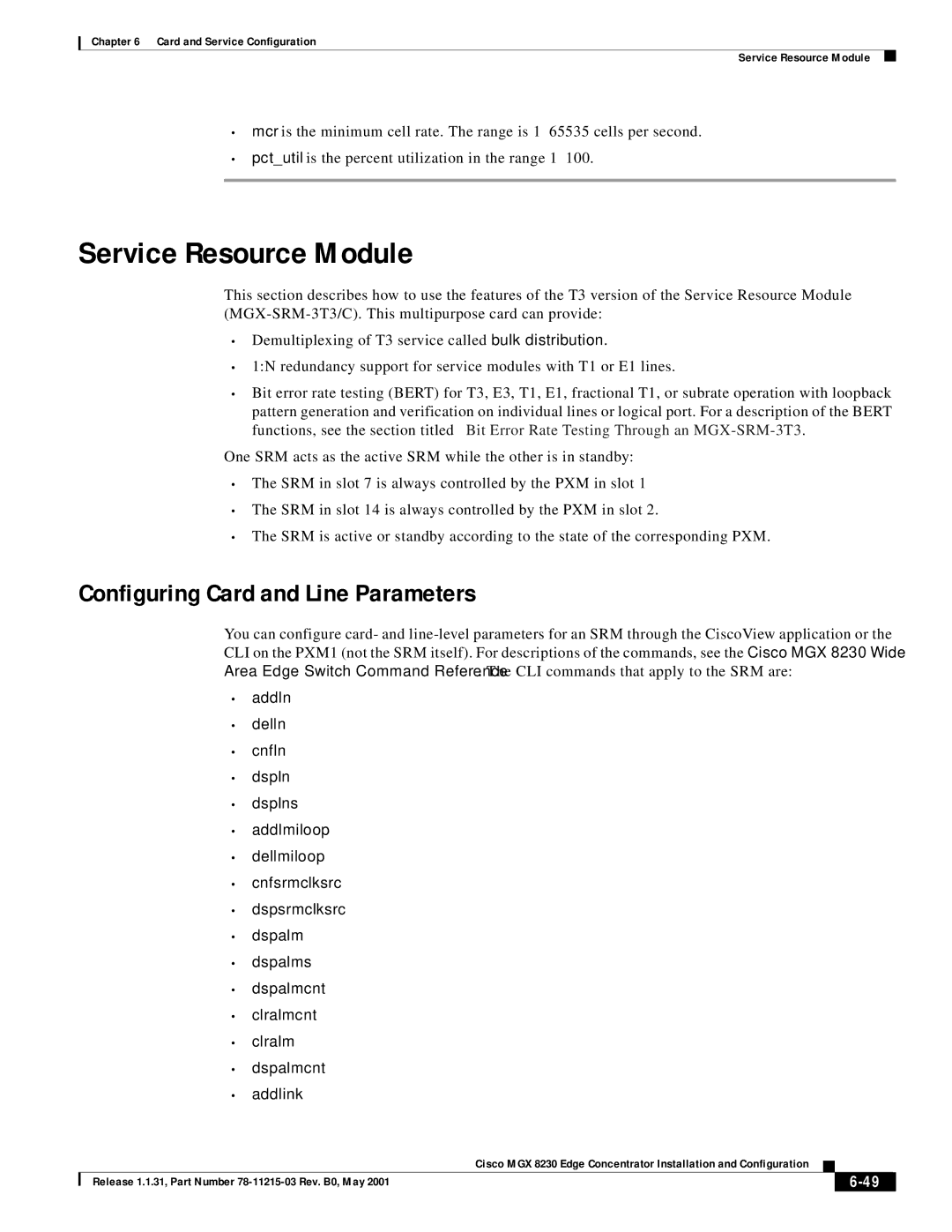 Cisco Systems MGX 8230 manual Service Resource Module, Configuring Card and Line Parameters 