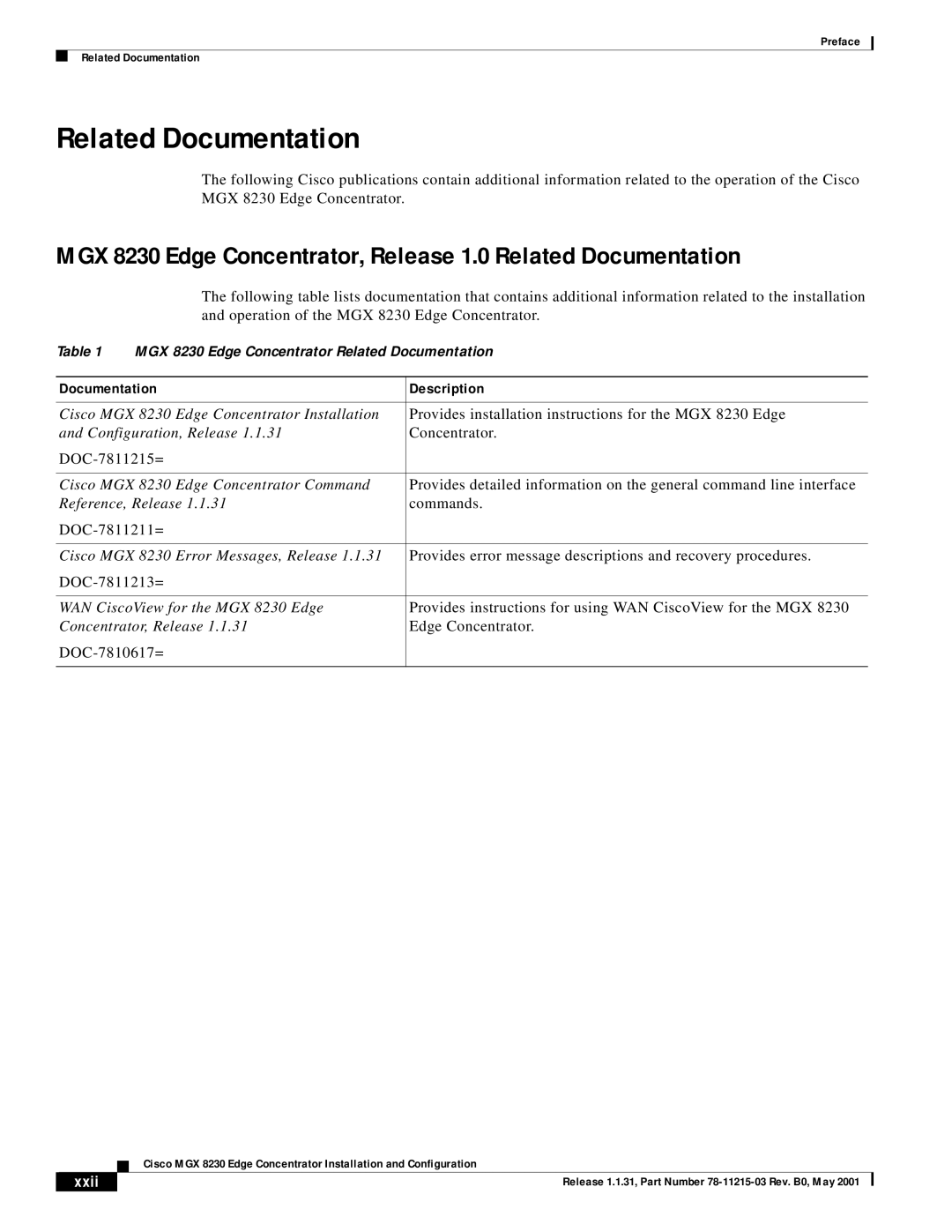 Cisco Systems MGX 8230 manual Related Documentation, Documentation Description 