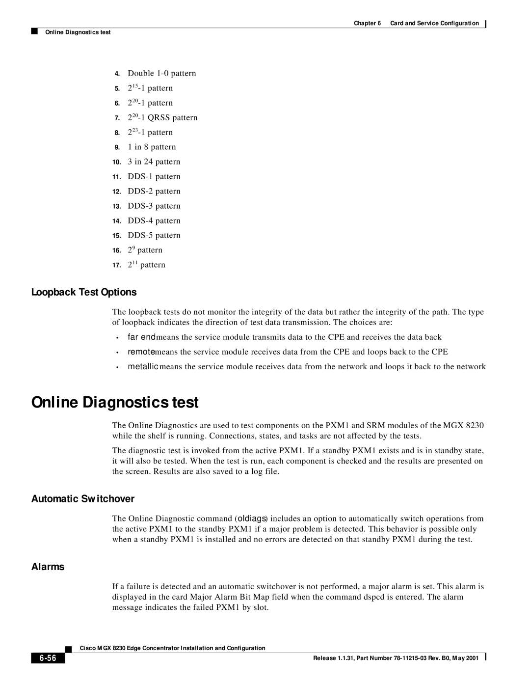 Cisco Systems MGX 8230 manual Online Diagnostics test, Loopback Test Options, Automatic Switchover, Alarms 