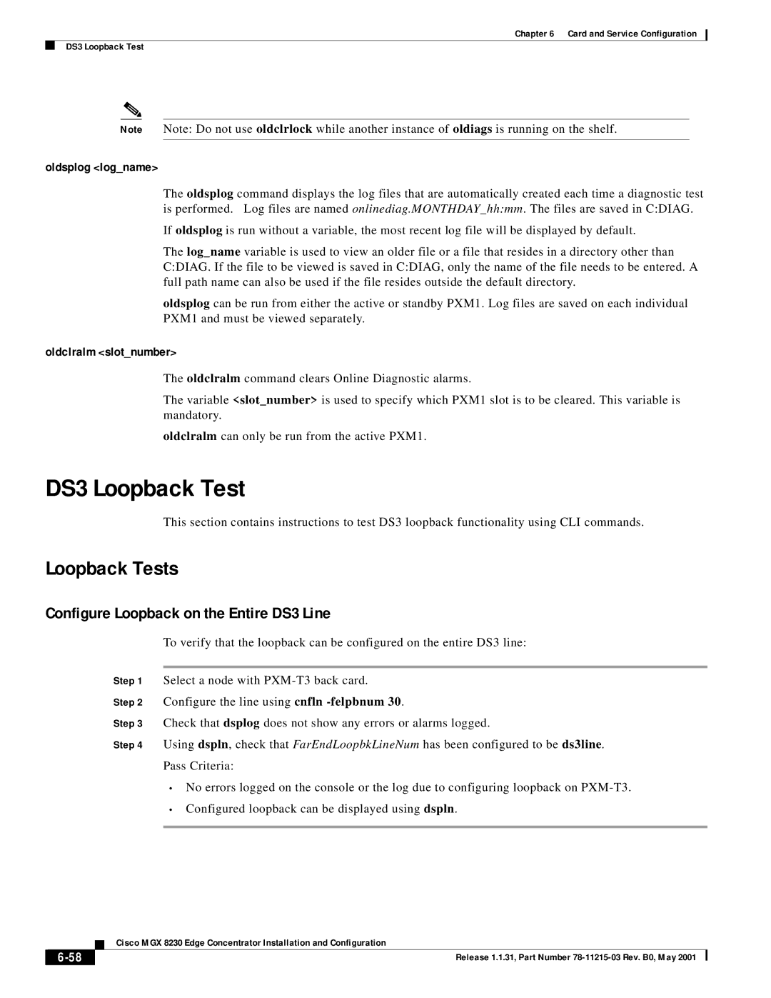 Cisco Systems MGX 8230 DS3 Loopback Test, Loopback Tests, Configure Loopback on the Entire DS3 Line, Oldsplog logname 